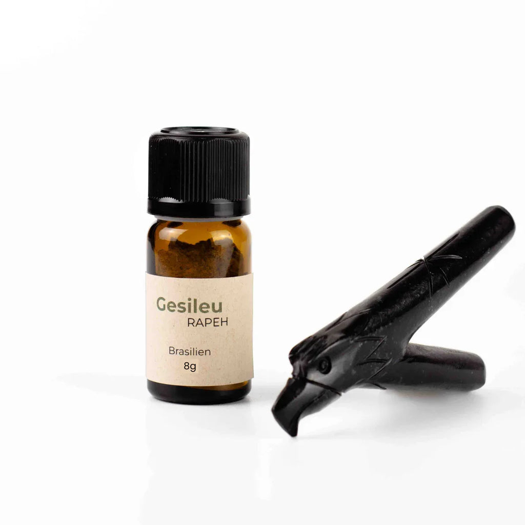 Kuripe, Rapeh, Rapè, Hape, Rapé mit Kuripe Set, schamanische Applikator, Selbstapplikator, Schamanischer Schnupftabak, Snake Stone, Serpentinstein, aus Peru