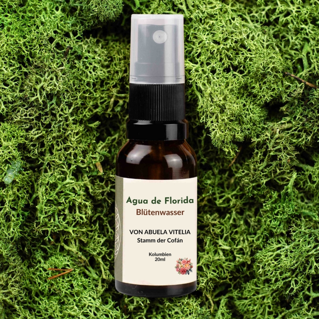 Agua de Florida von Abuela Vitelia vom Stamm der Kofan aus Kolumbien, zeremonielles Blütenwasser, Raumspray, Auraspray, Duftspray für Rituale