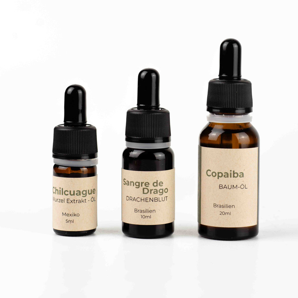 traditionelles Haut Set, Chilcuague Öl, Sangre de Drago, Drachenblut, Dragonblood, Copaiba Öl, pflanzliche Hautöle, Skin Set