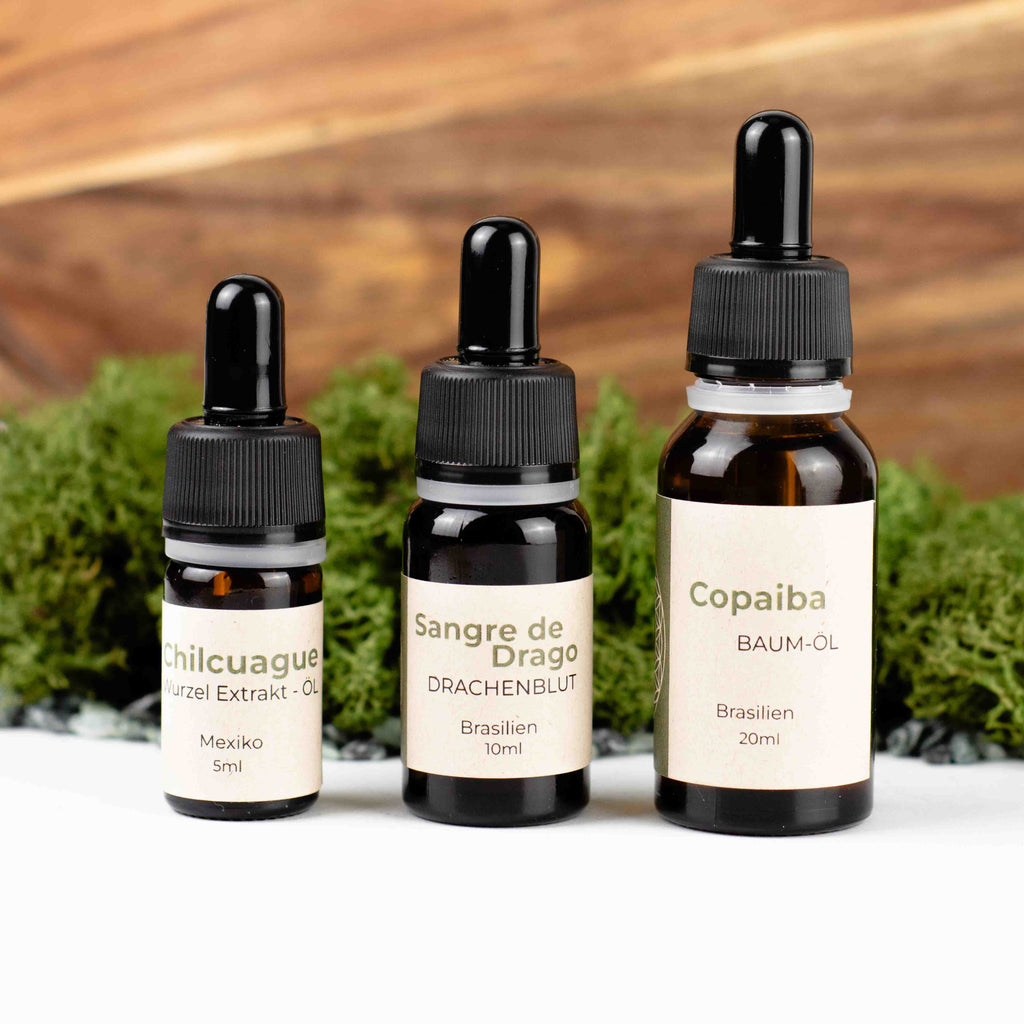 traditionelles Haut Set, Chilcuague Öl, Sangre de Drago, Drachenblut, Dragonblood, Copaiba Öl, pflanzliche Hautöle, Skin Set