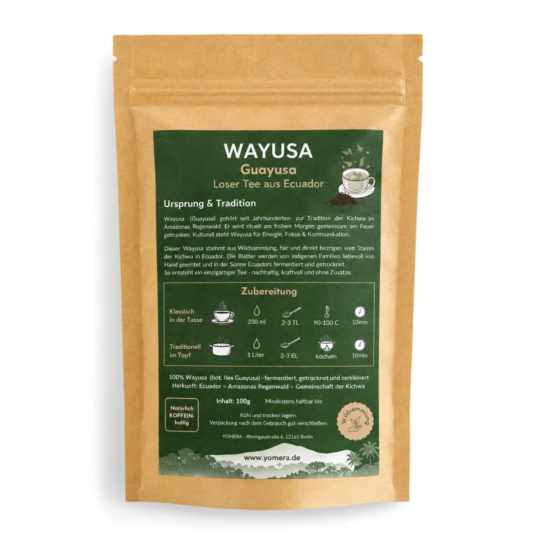 Wayusa, Guayusa, Ilex Guayusa, Wildsammlung, Energie Tee aus Ecuador vom Stamm der Kichwa, Mate, Kaffeeersatz, getrocknete Blätter ohne Zusatzstoffe, Wayusa in Tüte 100g, Guya, Matchachin, Info, Anleitung